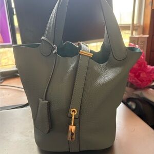 Ice Blue Leather Bucket Tote Bag